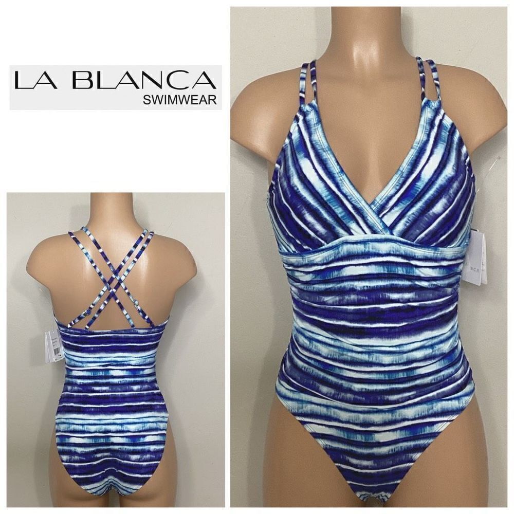 New. La Blanca BLUE Serene Stripe Tummy-Control Strappy One-Piece Swimsuit. Reta